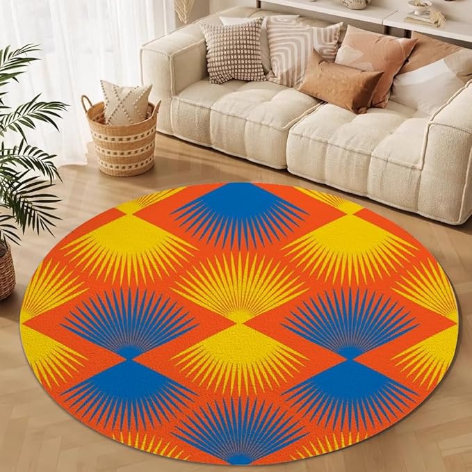 Vintage Blue Orange Round Rug Retro Pattern Print Area Rug Washable 7ft Circle Rugs for Living Room Bedroom Non Slip, Soft Indoor Floor Carpet for Kitchen Entryway Family Room