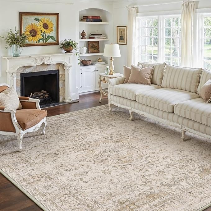 12x15 Beige Area Rug Vintage Living Room Bedroom Washable Carpet Non-Slip Soft Low Pile Distressed Indoor Large Throw Rug for Dining Room Office