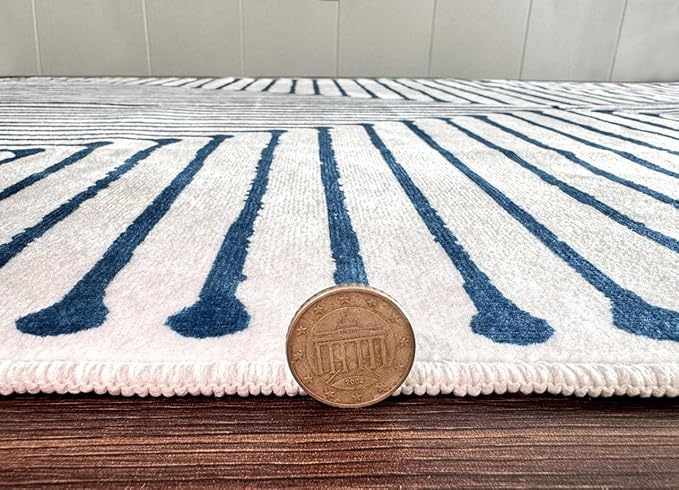 GLN Rugs Contemporary Collection - Machine Washable Area Rug, Contemporary Washable, Non Slip, Low Pile Chenille Rug, Living Room, Bedroom, Kitchen Rug (2'6" x 10' Blue Ivory)