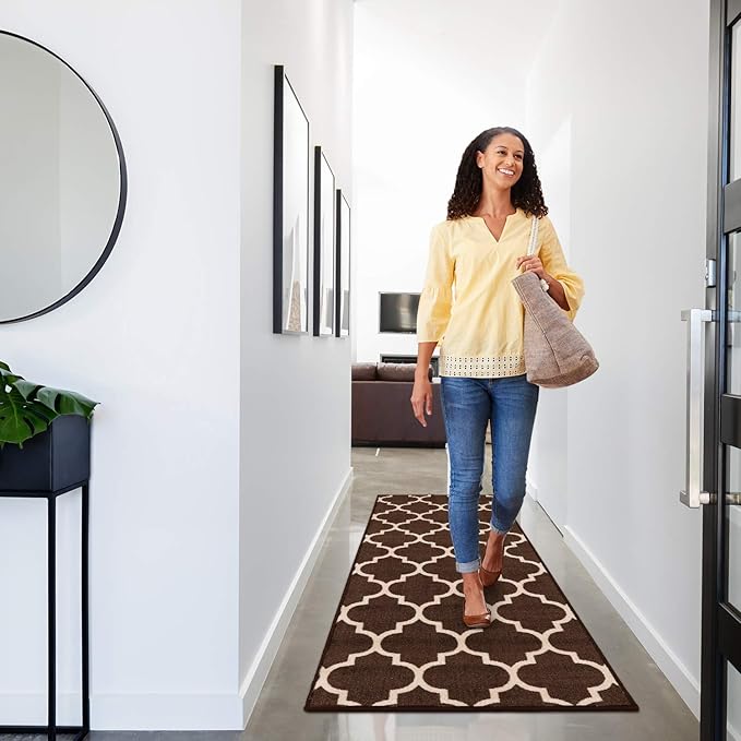 House, Home and More Skid-Resistant Carpet Runner – Moroccan Trellis Lattice – Coffee Brown & Vanilla Cream – 12 Feet X 26 Inches