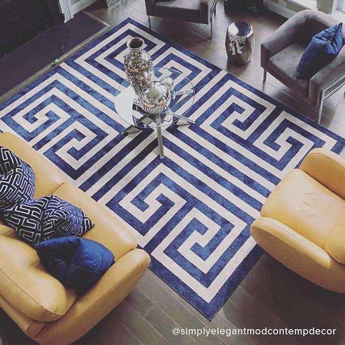Unique Loom Athens Collection Classic Geometric Modern Border Design Area Rug (7' 0 x 10' 0 Rectangular, Navy Blue/ Beige)