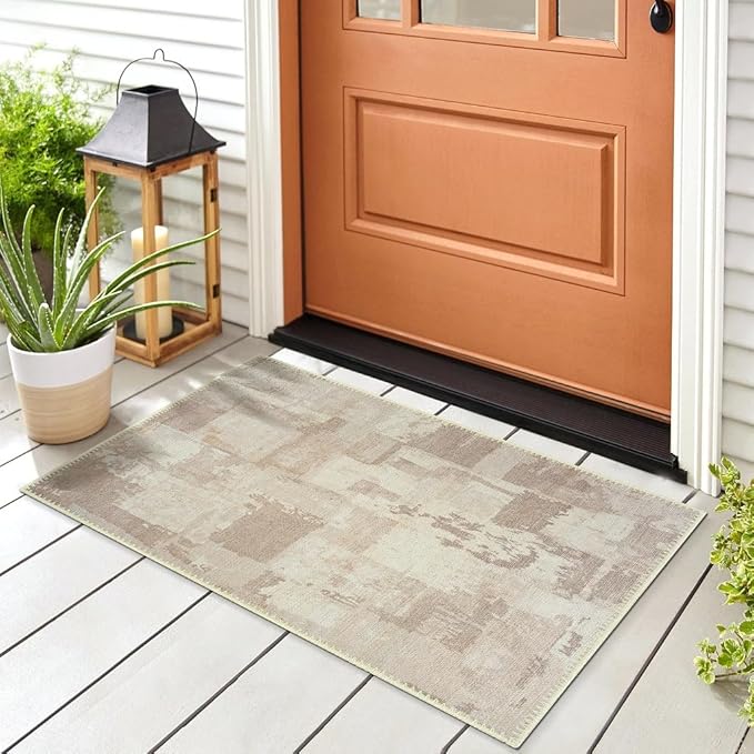 GLN Rugs Contemporary Collection - Machine Washable Area Rug, Contemporary Washable, Non Slip, Low Pile Chenille Rug, Living Room, Bedroom, Kitchen Rug (2' x 3' Abstract Tan)