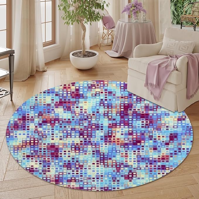 Abstract Pixel Geometry Round Rug Ombre Blue Purple Living Room Circle Area Rugs 8ft Washable Soft Non Slip Low Pile Indoor Floor Carpet for Bedroom Office Kitchen Coffee Table