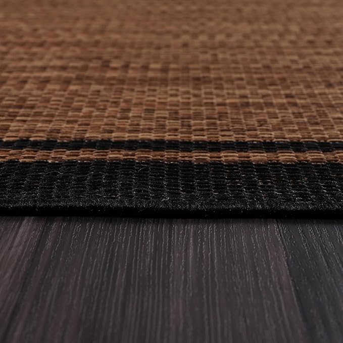 CAMILSON Indoor Outdoor Rug, 8x10 Bordered Nut Brown Black Modern Area Rugs for Indoor and Outdoor Patios, Kitchen and Hallway Mats, Washable Porch Deck Outside Carpet (Bordered Nut Brown, 8 x 10)