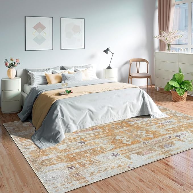 GLN Rugs Traditional Collection - Machine Washable Area Rug, Traditional Washable, Non Slip, Low Pile Chenille Rug, Living Room, Bedroom, Kitchen Rug (3' x 5' Sand/Light Gray)