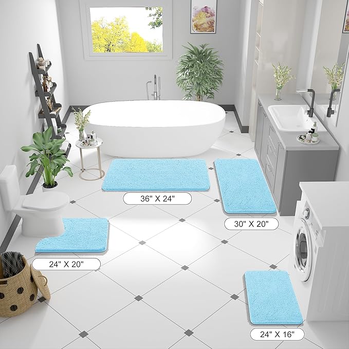 OLANLY Bathroom Rugs 70x24, Extra Soft Absorbent Chenille Bath Rugs, Rubber Backing Quick Dry, Machine Washable Bath Mats for Bathroom Floor, Tub and Shower, Home Decor Accessories, Sky Blue