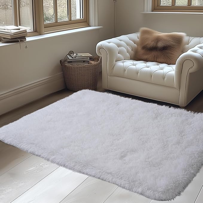 Zentavio Area Rugs for Living Room Small Carpet for Bedroom 3x5 Bedside Washable Soft Fluffy Shag Aesthetic Plush High Pile Throw Rug for Nursery Kids Room Dorm Room White