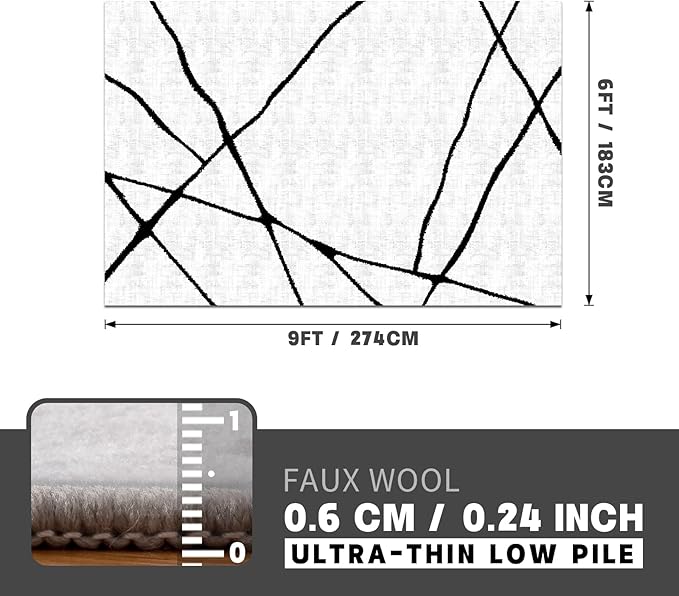 YIHOUSE Modern Washable Area Rug for Living Room Bedroom - Large Abstract Black and White Rug Non-Slip Ultra-Thin Home Decor,Geometric 6x9ft