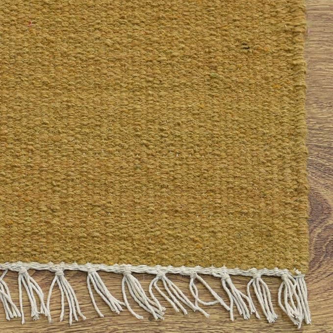 Rugsotic Carpets Hand Woven Flat Weave Kilim Wool ECO-Friendly Area Rugs - 2'6''x6', Runner Shape, Gold Color, Solid Plain Design, Low Pile Handmade Area Rugs for Living Room, Bed Room (D00111)