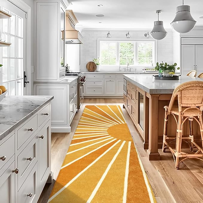 Lahome Boho Sun Runners Rug: 2'x8' Non-Slip & Washable Low-Pile Rug with Rainbow Sun Abstract Print for Hallway, Kitchen, Entryway, Laundry, Bathroom, Living Room
