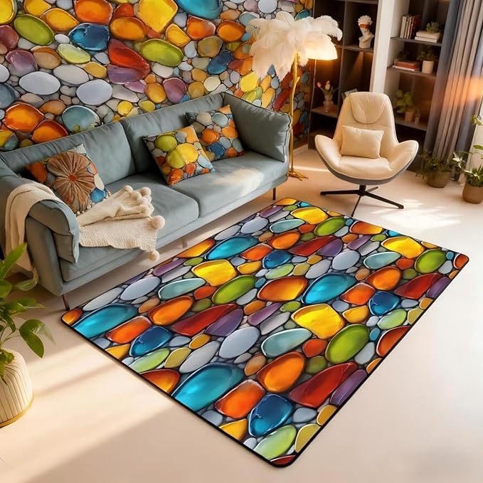 Cobblestone 5x7 Area Rug Rainbow Pebble Living Room Rug | Garden Gravel Stone Rugs for Bedroom, Watercolor Cobble Carpet Indoor Floor Mat