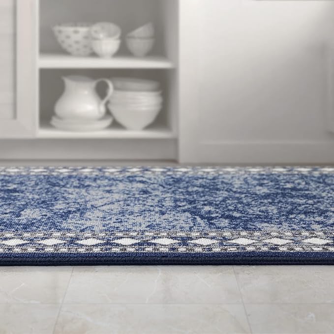 Antep Rugs Alfombras Modern Bordered 2x7 Non-Skid (Non-Slip) Low Profile Pile Rubber Backing Indoor Area Runner Rugs (Navy Blue, 2' x 7')