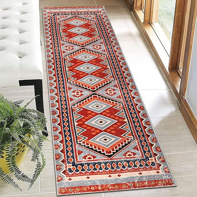 Moroccan Trellis Hallway Runner Rug Non-Slip Washable Geometric Standing Mats Anti-Fatigue Long Farmhouse Kitchen Mat Soft Low-Pile Distressed Area Rugs for Bathroom,Bedroom,Laundry 2.6' X 8'