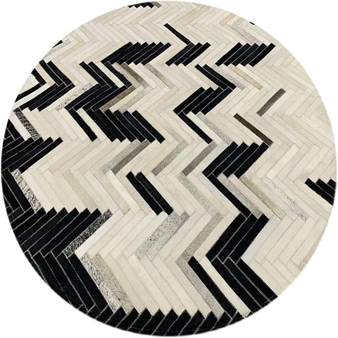 Round Cowhide Faux Leather Area Rug 7×7 ft – Black & White Modern Chevron Pattern Low Pile Carpet with Non-Slip Wool Backing, Soft Durable Living Room & Bedroom Accent Rug