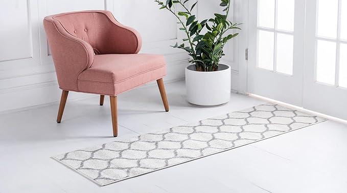 Rugs.com Lattice Frieze Collection Rug – 2' x 13' Runner Ivory Medium Rug Perfect for Living Rooms, Large Dining Rooms, Open Floorplans