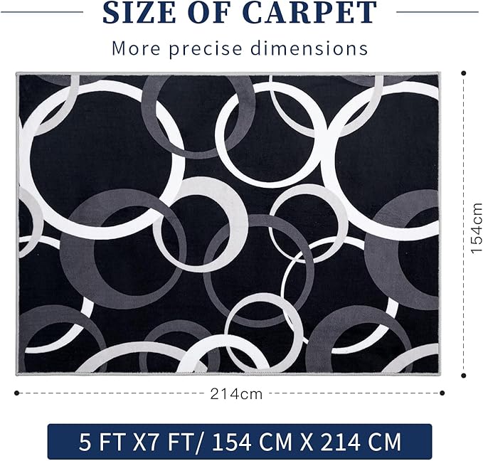 YIHOUSE 5x7 Ft Area Rugs, Concentric Circle Carpet Washable Rug, Black and White Geometric Design Rug for Living Room, Bedroom, Playroom, Nursery, Home Office Decor, Nonslip Non-Shedding