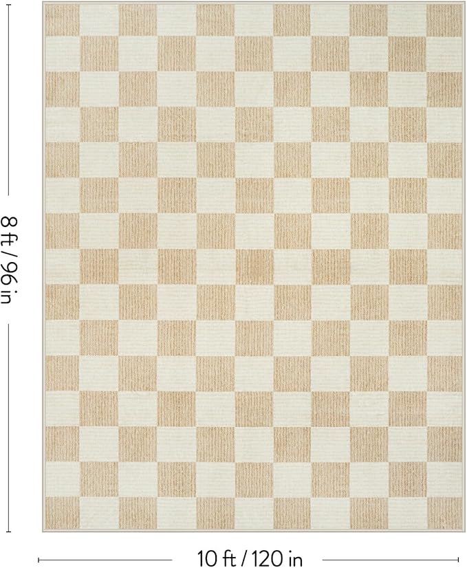 LIVEBOX 8x10 Area Rugs for Living Room, Checkered Non-Slip Washable Rugs, Farmhouse Neutral Classic Geometric Pattern Large Boys Area Rug for Bedroom, Carpet for Dining Room Office(Ivory,8'x10')