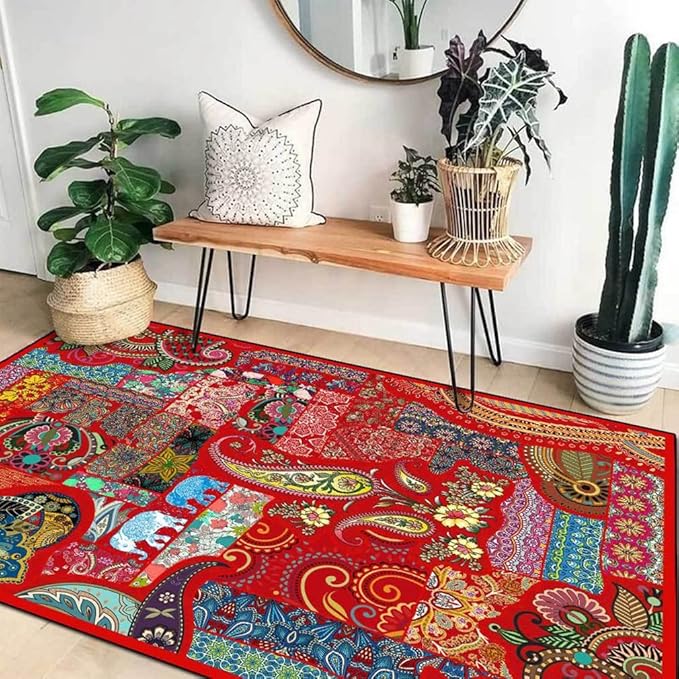 Vintage Boho Area Rugs Multicolor Ethnic Style Geometric Splicing Carpets Bedroom Living Room Kitchen Floor Mats Indoor Outdoor Non-Shedding Runner Rug Home Décor Carpet 2' X 5.2'