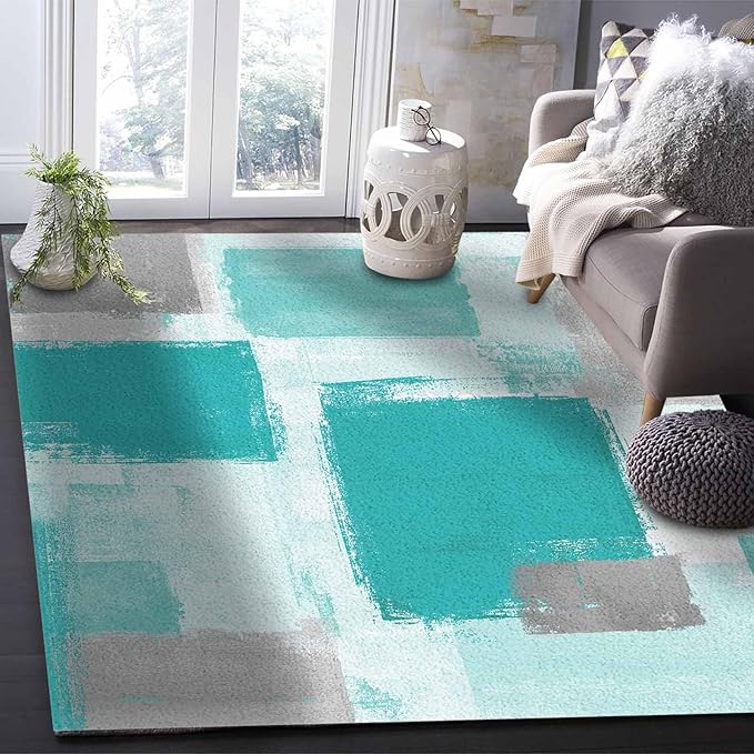 Teal Green Rectangular Area Rugs for Living Room Bedroom 5 x 8 ft Abstract Paint Texture Modern Art Non-Shedding Soft Low Pile Rug Non Slip Washable Rug for Nursery Entryway Playroom
