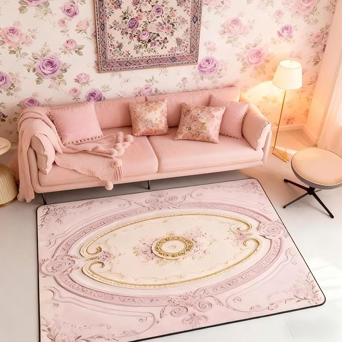 Light Pink 3 x 5 Area Rug Antique Decor Boho Floral Rugs for Living Room | Bohemian Flowers Washable Rug, Minimalist Damask Victorian Carpet Indoor Floor Mat
