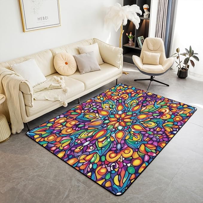 Vintage Mandala Area Rug 3x5 Bohemian Style Watercolor Flowers Rugs for Living Room | Boho Floral Washable Rug, Victorian Decor Antique Damask Carpet Indoor Floor Mat