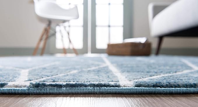 Rugs.com Lattice Trellis Collection Rug – 8 Ft Round Blue Low-Pile Rug Perfect for Kitchens, Dining Rooms