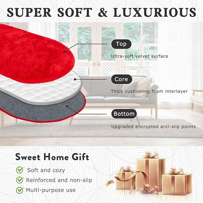 Soft Fluffy Area Rug for Bedroom, Red Fuzzy Shaggy Oval Throw Rugs for Bedside, Non-Slip Cozy Plush Shag Carpet for Kids Room Dorm Nursery Living Room, 2.6 x 5.3 Feet