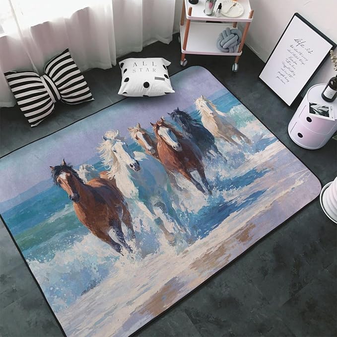 Horse Run Gallop in Waves Ocean Area Rug Washable Outdoor Rugs Anti-Slip Soft Carpet Entryway Indoor Door Mat for Bedroom,Living Room,Porch,Terrace and Entrance Decor 9'x 6'