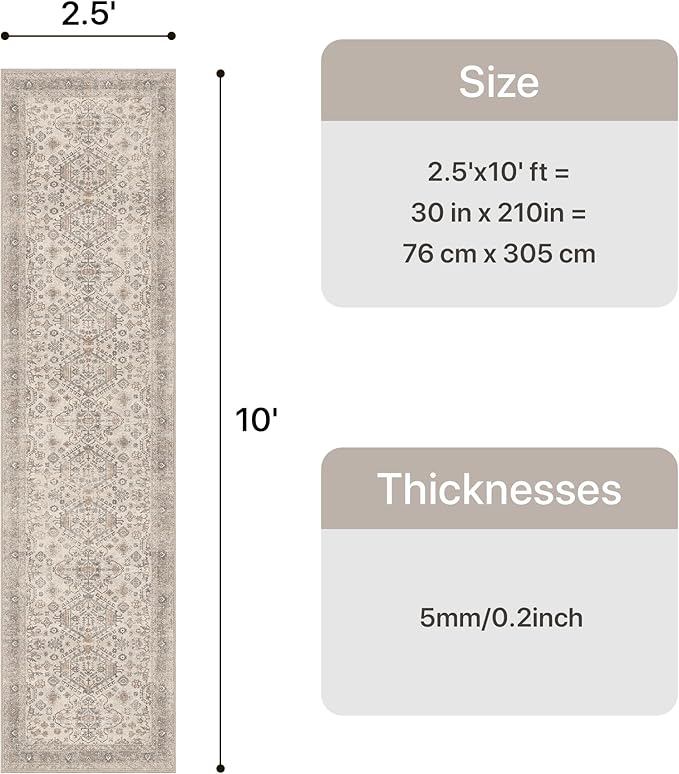 Bavni Washable Runner Rug 2’6”x10, Non Slip Vintage Hallway Runner, Ultra Thin Low Pile Washable Carpet for Kitchen Entryway Bedroom, Light Taupe Brown