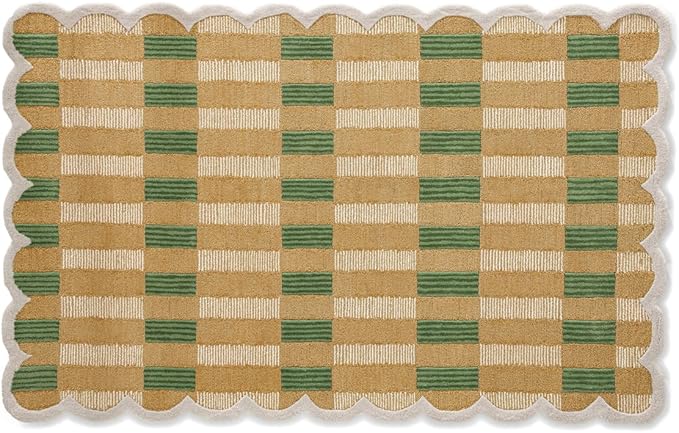 Hand-Tufted Wool Area Rug with Scalloped Edges, Beige and Green Plaid Pattern, Cozy and Soft Accent Rug for Living Room, Bedroom, and Nursery, Handmade Decorative Rug, 2x3 Ft