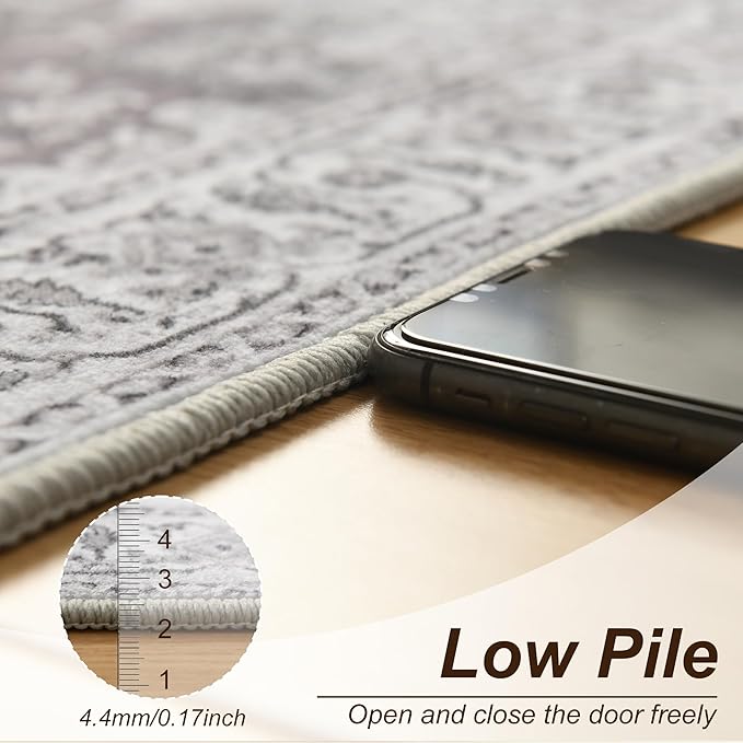 XWZO Runner Rug 2x6ft, Washable Hallway Runner with Non-Slip Backing, Vintage Spill Stain Resistant Floor Mat for Entryway Corridor Bedroom Kitchen, Soft Low-Pile Area Carpet, Grey