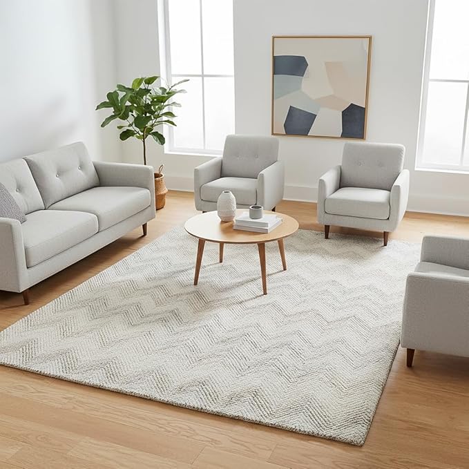 Modern Herringbone Chevron Collection Handcrafted Wool Area Rug - Durable, Zigzag Pattern, for High Traffic, Contemporary Design for Living Room, Bedroom, Dining Room Decor (Ivory-Multi, 8' x 10')