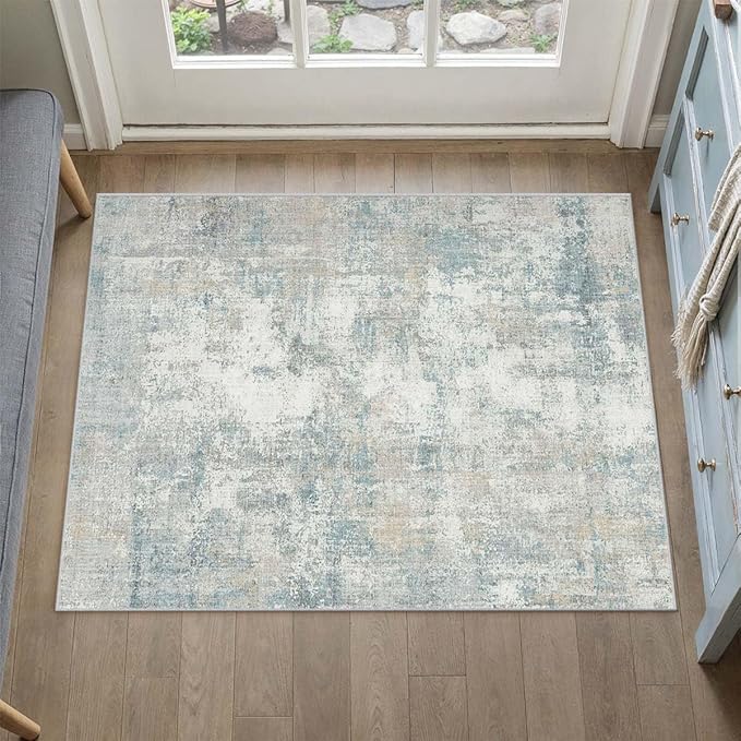 2x3 Washable Area Rug Blue Cream Abstract Entryway Kitchen Throw Rug Neutral Modern Non Slip Soft Low Pile Lightweight Small Carpet for Bathroom Living Room Bedroom