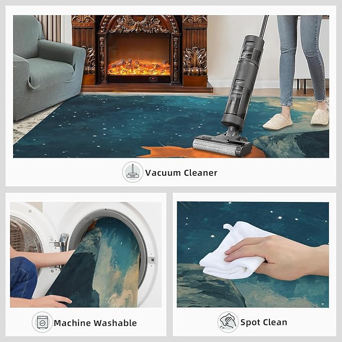 Orange Cat Rugs for Bedroom - 5x7 Area Rug - Cartoon Starry Sky Rugs for Living Room, 3D Cute Cat Rug, Non-Slip Washable Home Decor Carpet