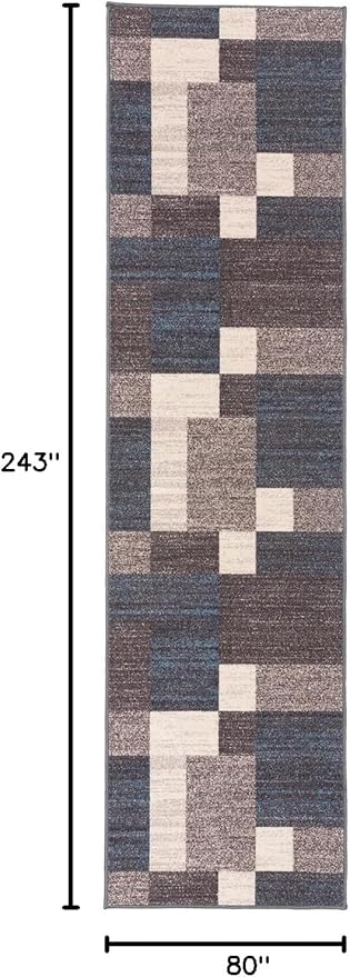 Rugshop Modern Boxes Design Non-Slip (Non-Skid) Carpet for Hallway,Entryway,Kitchen Runner Rug 2'7" x 8' Blue