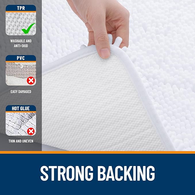 OLANLY Bathroom Rugs 34x21, Extra Soft Absorbent Chenille Bath Rugs, Rubber Backing Quick Dry, Machine Washable Bath Mats for Bathroom Floor, Tub and Shower, Home Decor Accessories, White