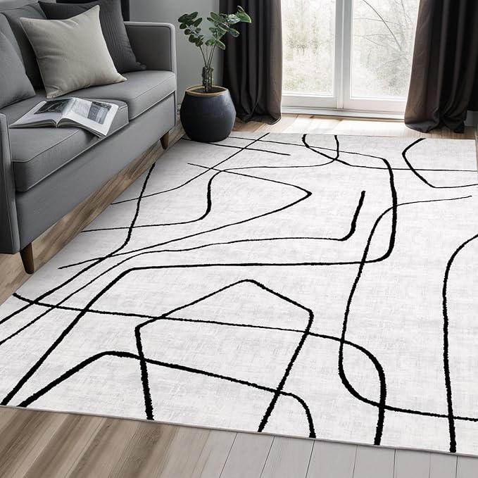 YIHOUSE Modern Washable 8'x10' Area Rug for Living Room Bedroom - Large Abstract Black and White Rug Non-Slip Ultra-Thin Home Decor,Abstract,8x10ft