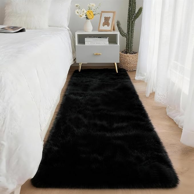 2x6 Solid Fluffy Black Area Rug – Washable, Durable, Small Bedroom Runner Rug, Non-Slip Shag Rugs for Hallway, Living Room, Bedroom, Bedside, Dorms, Kids Room, Nursery Rooms, Soft Indoor Carpet