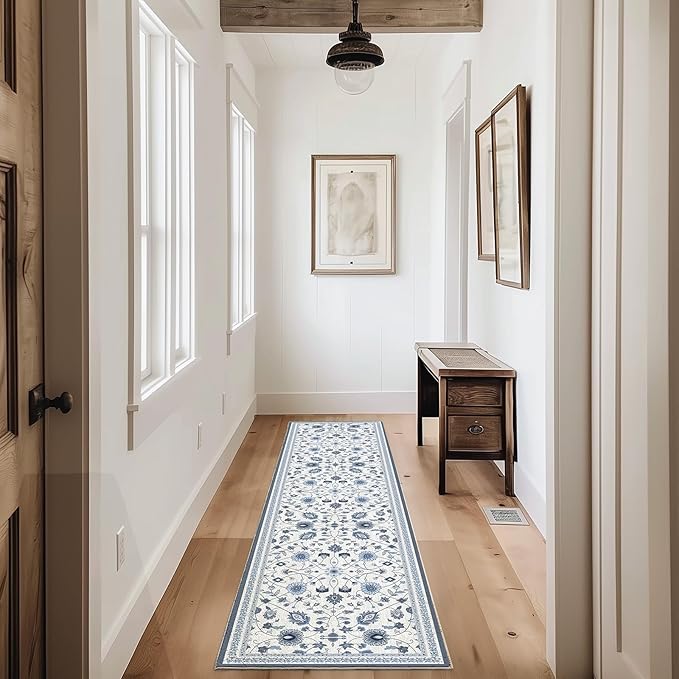 EVERGRACE Hallyway Area Runner Rugs 2x8, Boho Floral Faux Wool Indoor Outdoor Rugs, Washable Rugs for Bedroom Dining Room Living Room Kitchen, Low Pile Floor Mat Carpet for Home Decor, Porcelain Blue