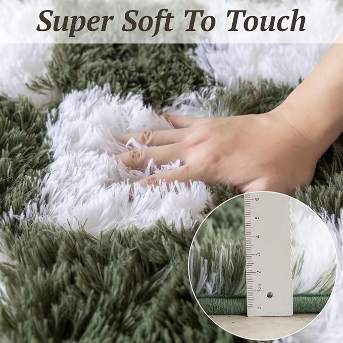 4x6 Area Rugs for Living Room Bedroom, Soft Fluffy Shaggy Bedside Rug, Indoor Floor Carpet for Kids Playroom, Dorms, Nursery Rooms, Home Decor (Olive Green & White 4'x6')