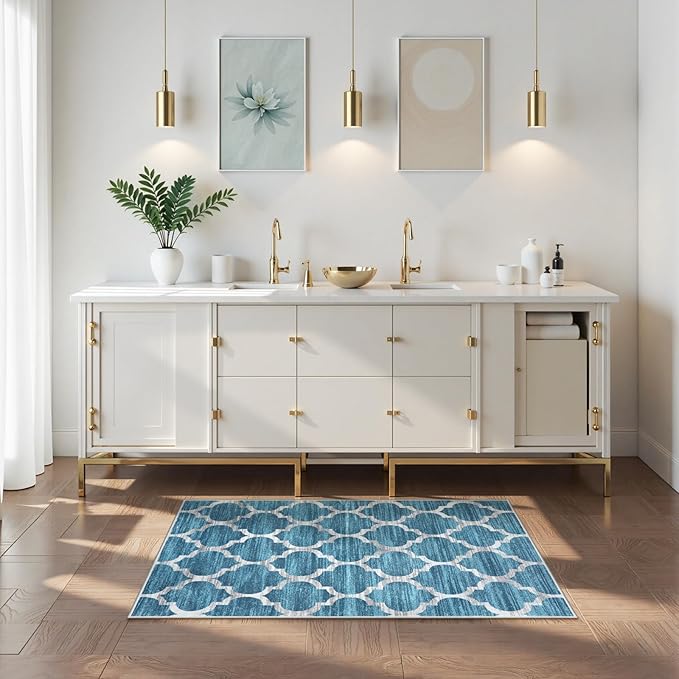 Lahome Moroccan Blue Kitchen Rugs - 2x4 Runner Rug Washable Small Rug Non-Slip Accent Distressed Throw Rugs Floor Carpet for Hallway Entryway Bedroom Laundry Room (2’ X 4’, Blue)