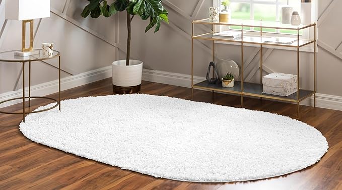 Unique Loom Davos Shag Collection Area Rug - Solid (5' 3" x 8' Oval, White/ Ivory)