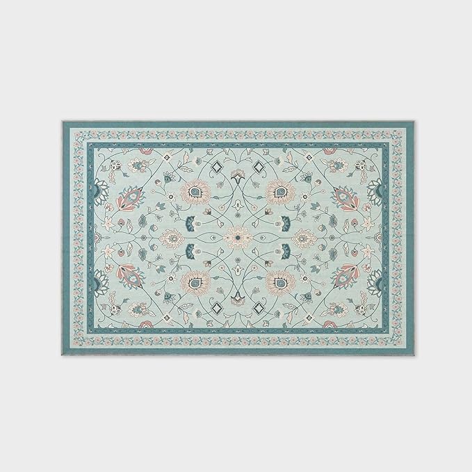 EVERGRACE Area Rugs for Living Room 6x9, Boho Floral Faux Wool Indoor Outdoor Rugs, Washable Rugs for Bedroom Dining Room Entryway Kitchen, Low Pile Floor Mat Carpet for Home Decor, Pale Blue