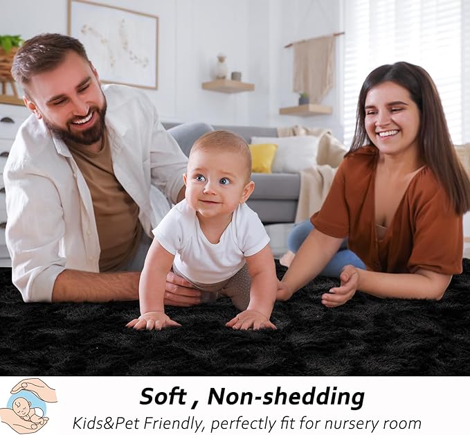 Beglad Soft Fuzzy Area Rugs for Living Room, Modern Minimalist Style Fluffy Rugs, Non-Slip Indoor Carpet Rugs for Kids Room, Bedroom, 6x9, Black