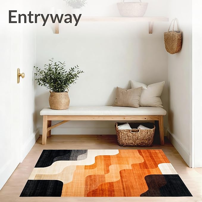 Flatwoven High Traffic Area Rug 4x6, Copper Black Burnt Orange Abstract Indoor Floor, Non Slip, Stain Resistant, Washable Area Rugs for Living Room, Bedroom (Beige, 4x6)