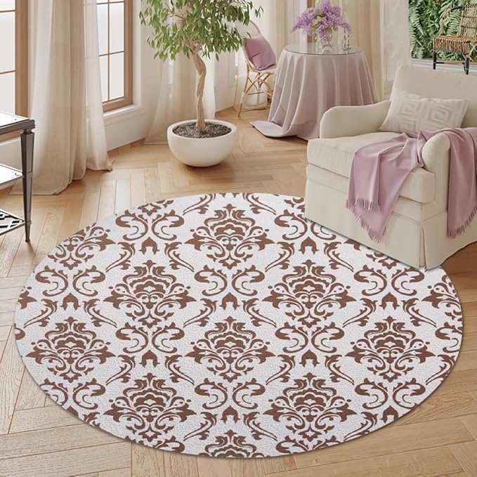 Oriental Tribal Floral Round Rug Vintage Brown Pattern Area Rug Washable Soft Non-Slip Floor Carpet Low Pile Accent Rugs for Entryway Living Room Dining Room Bedroom Home Office 8ft