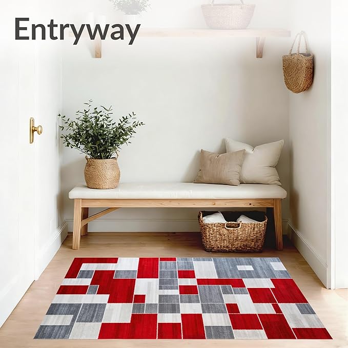 Flatwoven High Traffic Area Rug 8x10, Waterproof Patio with Anthracite Accents, Non Slip, Stain Resistant, Washable Area Rugs for Living Room, Bedroom (Red, 8x10)