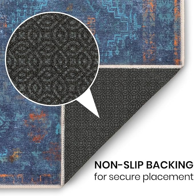 GLN Rugs Contemporary Collection - Machine Washable Area Rug, Contemporary Washable, Non Slip, Low Pile Chenille Rug, Living Room, Bedroom, Kitchen Rug (2'6" x 7' Midnight/Multi)