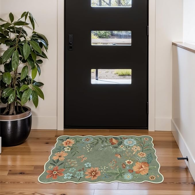 Lahome Floral Rugs for Entryway, 2X3 Washable Kitchen Rugs Ultra-Thin Soft Rug, Non Slip Indoor Door Mat Stain Resistant Boho Small Low-Pile Throw Carpet for Bathroom Bedroom(2x3ft,Green)