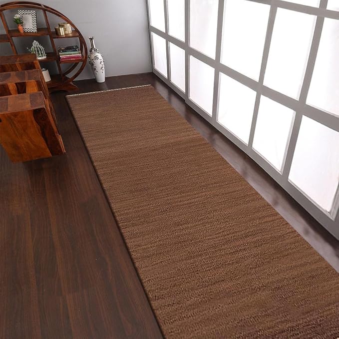 Rugsotic Carpets Hand Woven Flat Weave Kilim Wool ECO-Friendly Area Rugs - 2'6''x10', Runner Shape, Light Brown Color, Solid Plain Design, Low Pile Handmade Rugs for Living Room (D00111)